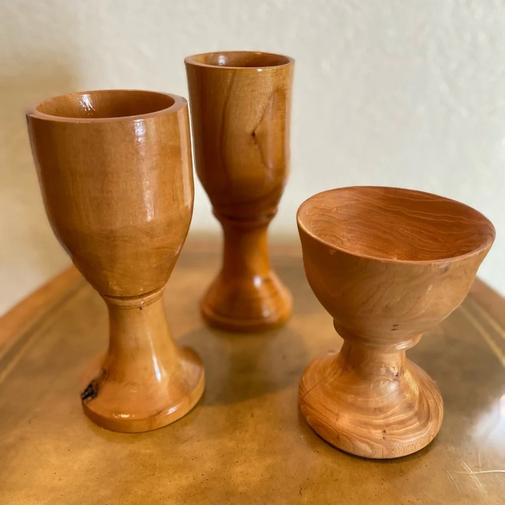 Set of 3 Turned Wood Bob Humbert Goblet Cups Elm Cherry Dogwood